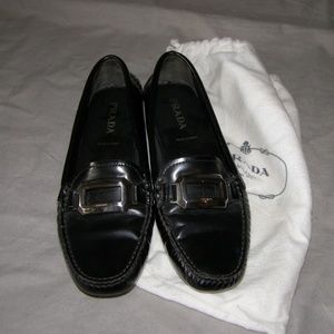 Prada Smooth Black Leather Loafer Moccasins Silver
